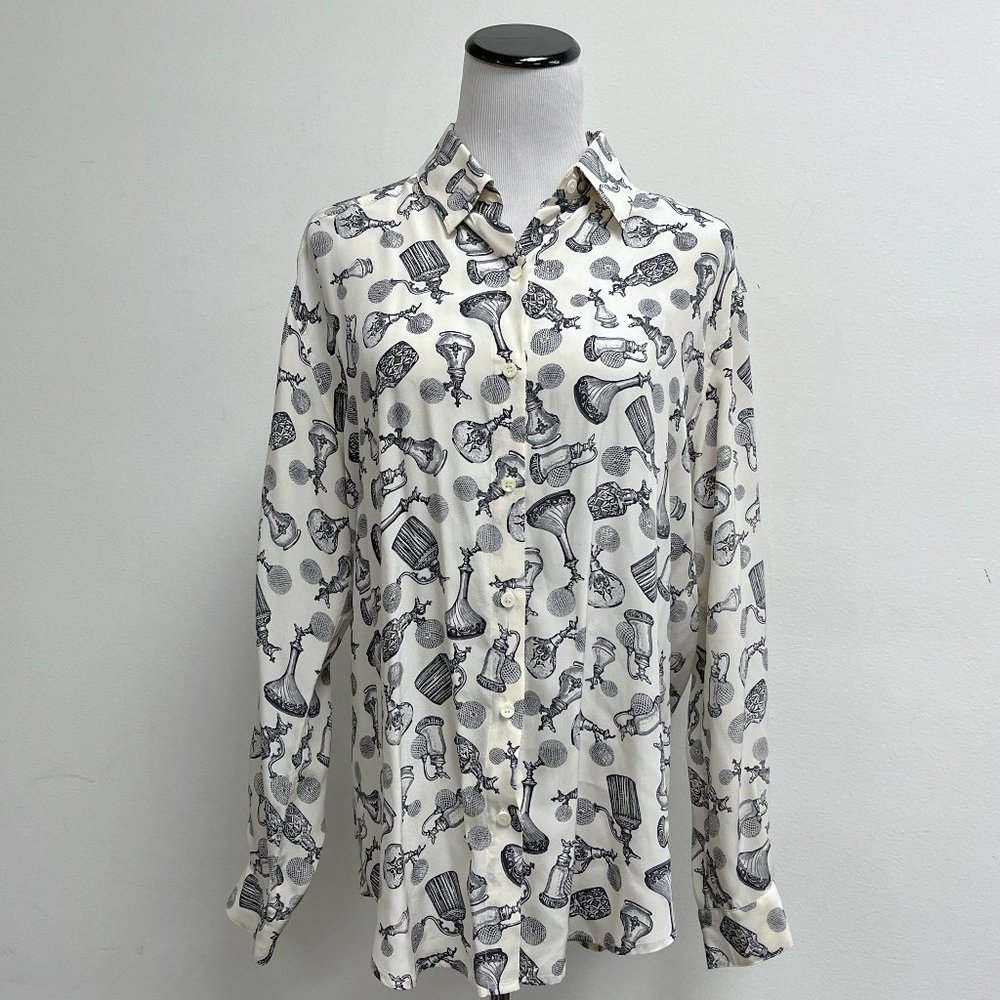 Two + Two black white silk perfume bottle atomizer print long sleeve shirt M